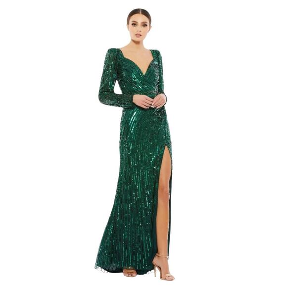 Mac Duggal 5379 Forest Green Sequin Beaded Long Sleeve Gown Size 10 - Picture 1 of 8